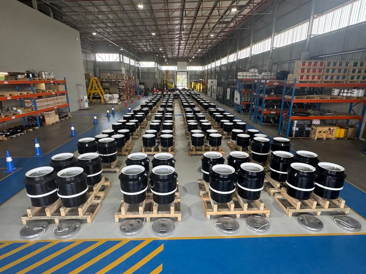 Batch of coated vessel assemblies palletised and ready for dispatch