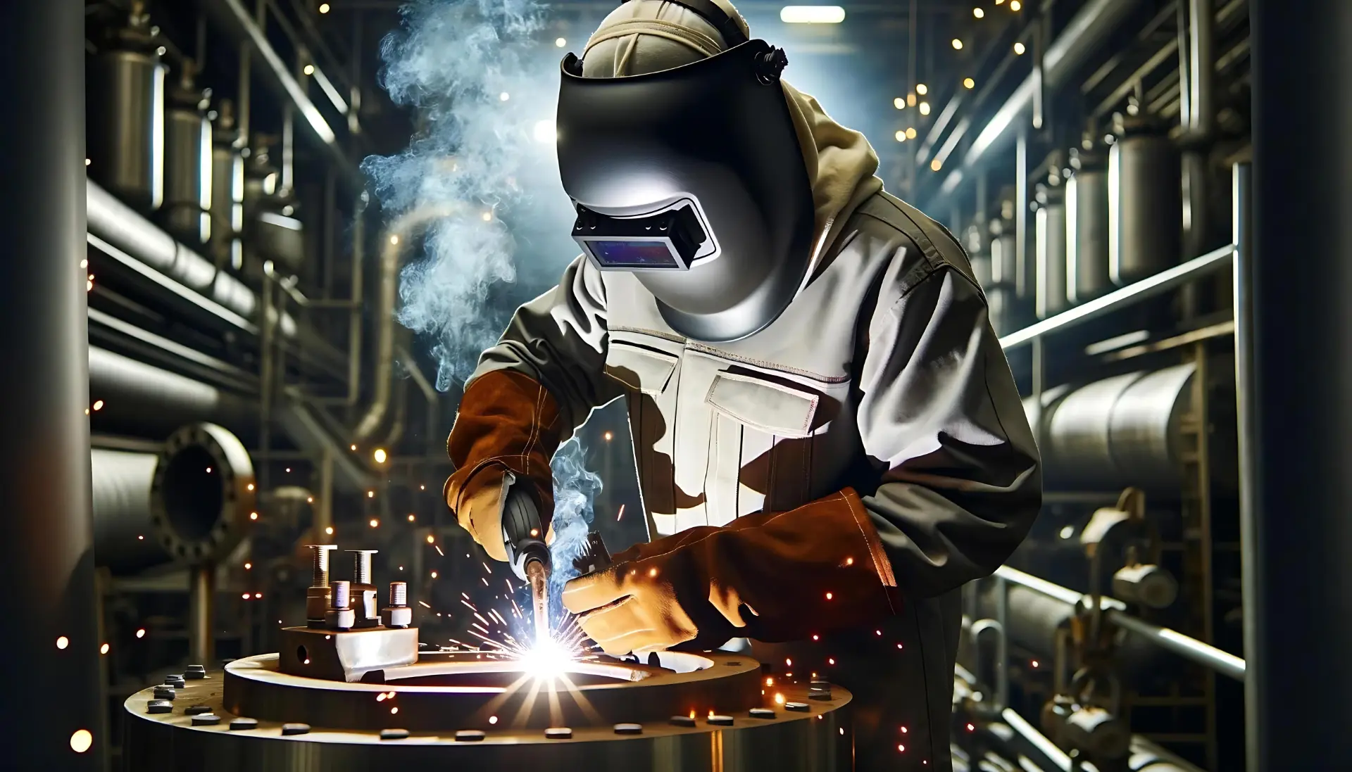 GX2 Group welder in protective gear welding a pressure vessel flange amid sparks
